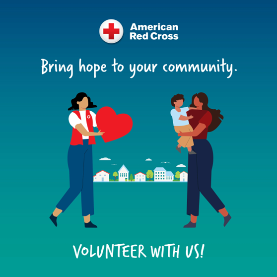 Graphic showing drawing of woman in Red Cross vest holding a heart and woman carrying a baby.